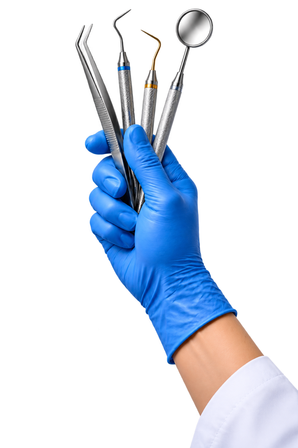 Gloved hand holding dental instruments